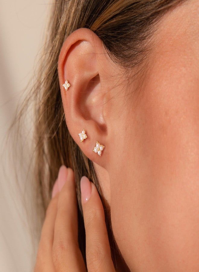 Robaice 3 Pairs Small Flat Back Pearl Stud Earrings for Women-14K Gold Plated Hypoallergenic Dainty Screw Flatback Earring Set Post Pierced Pearl Studs Stacks Gold Jewelry Gifts - Image 2